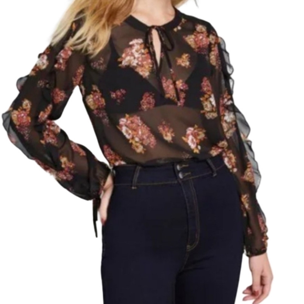 NWT Modcloth Sheer Floral Ruffle Longsleeve Blouse